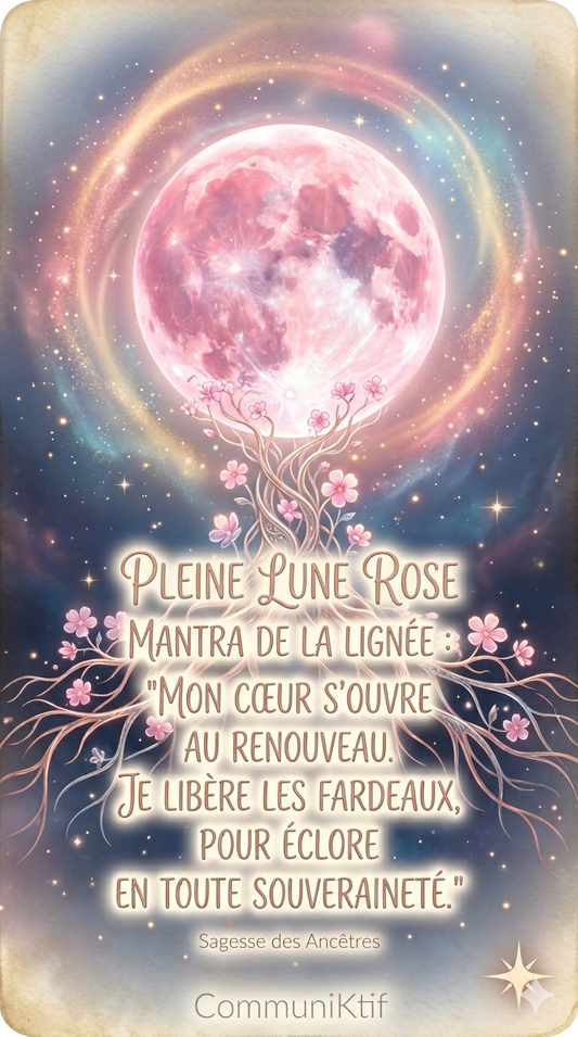 Découvrez les puissantes énergies de la Pleine Lune Rose. Un guide de voyance thérapeutique pour libérer les mémoires ancestrales, guérir le cœur et éclore en toute souveraineté grâce aux messages de nos aînés.